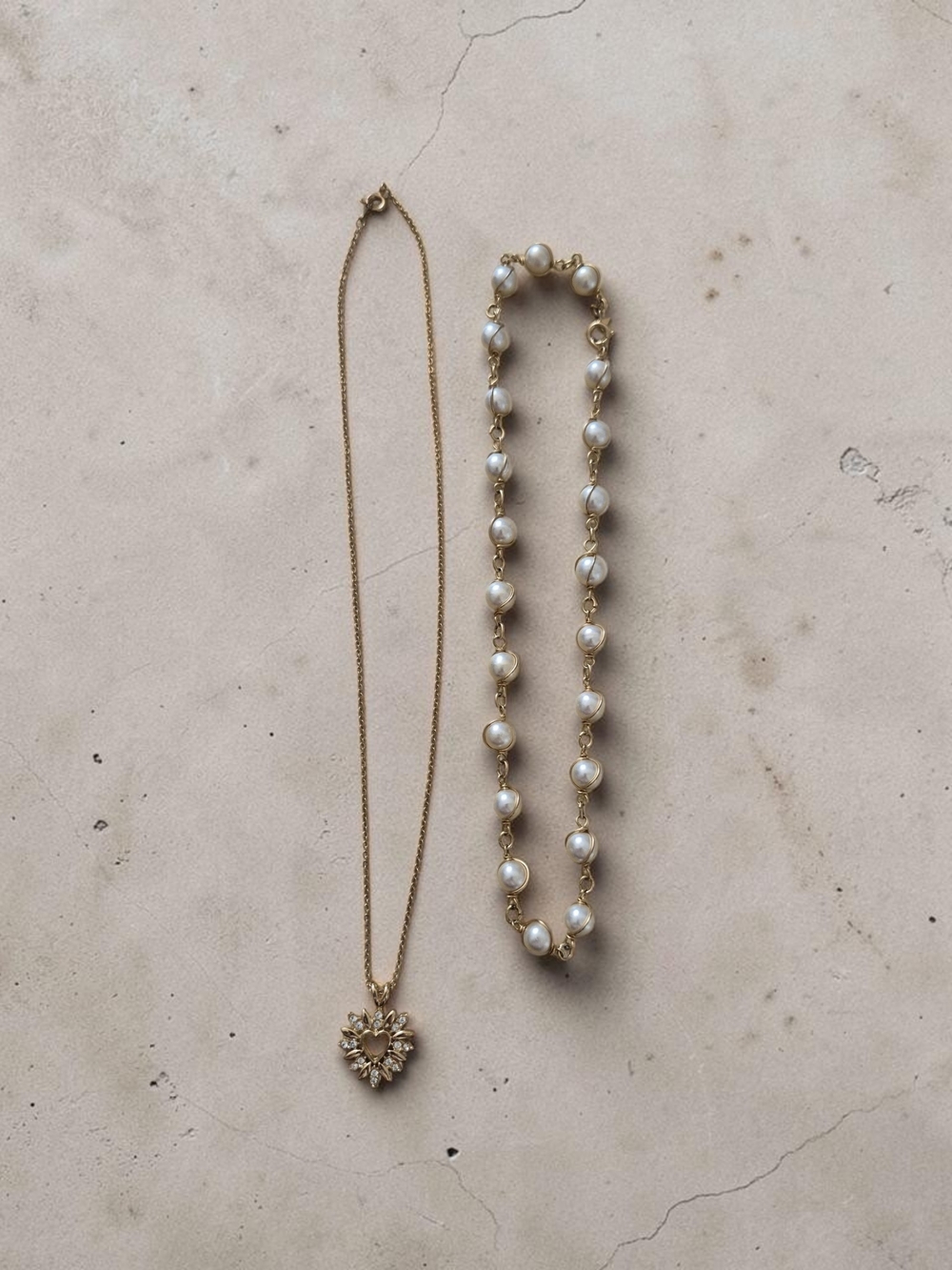 Vintage Sarah Coventry Faux Pearl Necklace & Gold Tone Heart Pendant Combo